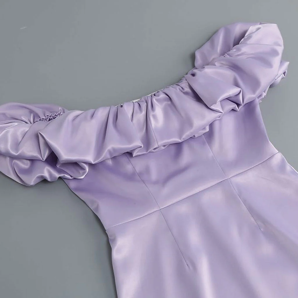 Dramatic Ruffle Off the Shoulder Side Split Satin Bodycon Mini Party Dress - Image 3