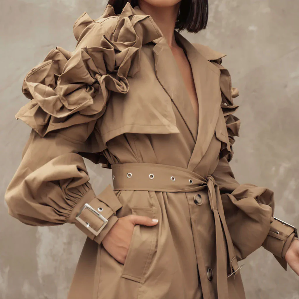 Dramatic Ruffle Shoulder Puff Sleeve Button Down Belted Trench Coat - Khaki - Image 2