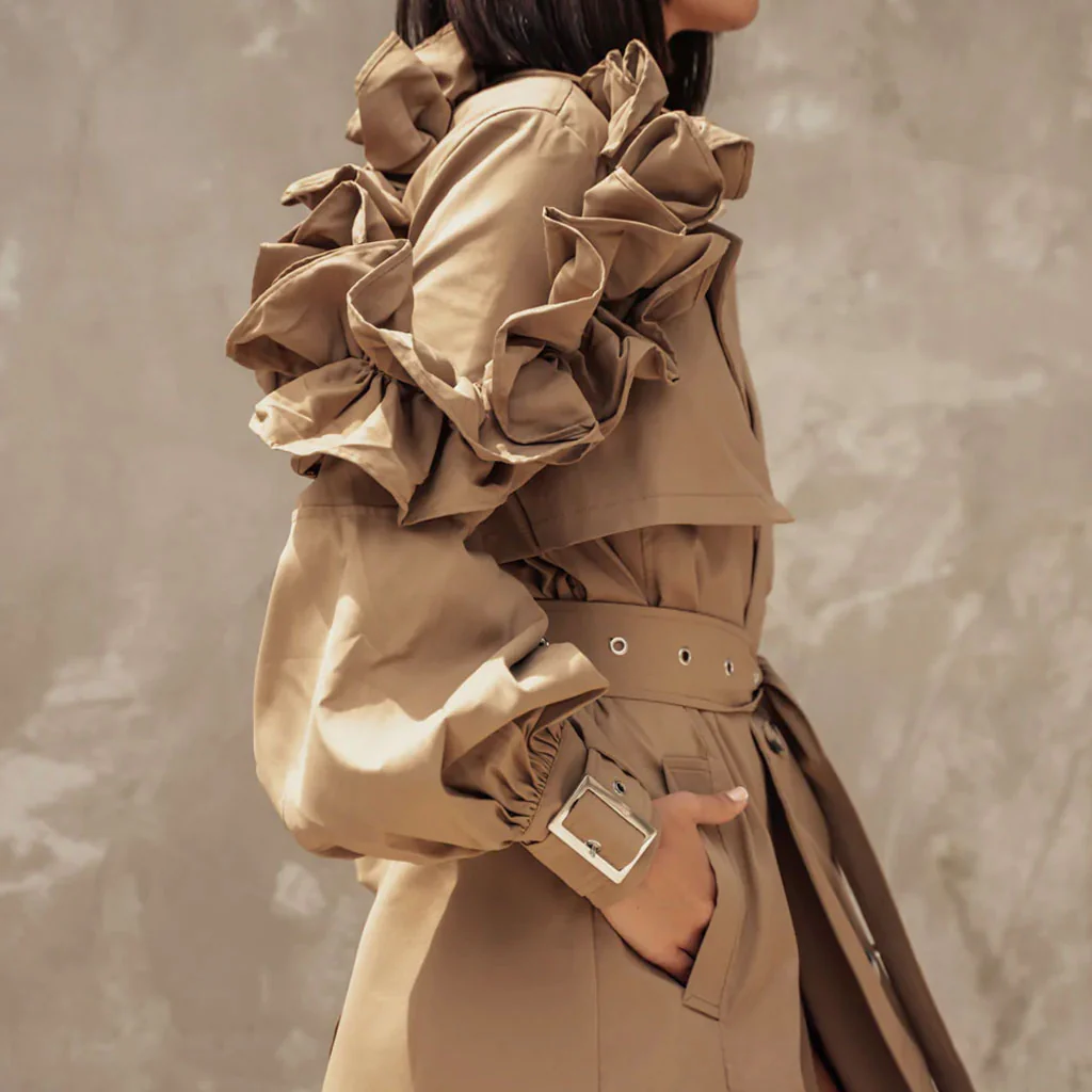 Dramatic Ruffle Shoulder Puff Sleeve Button Down Belted Trench Coat - Khaki - Image 3