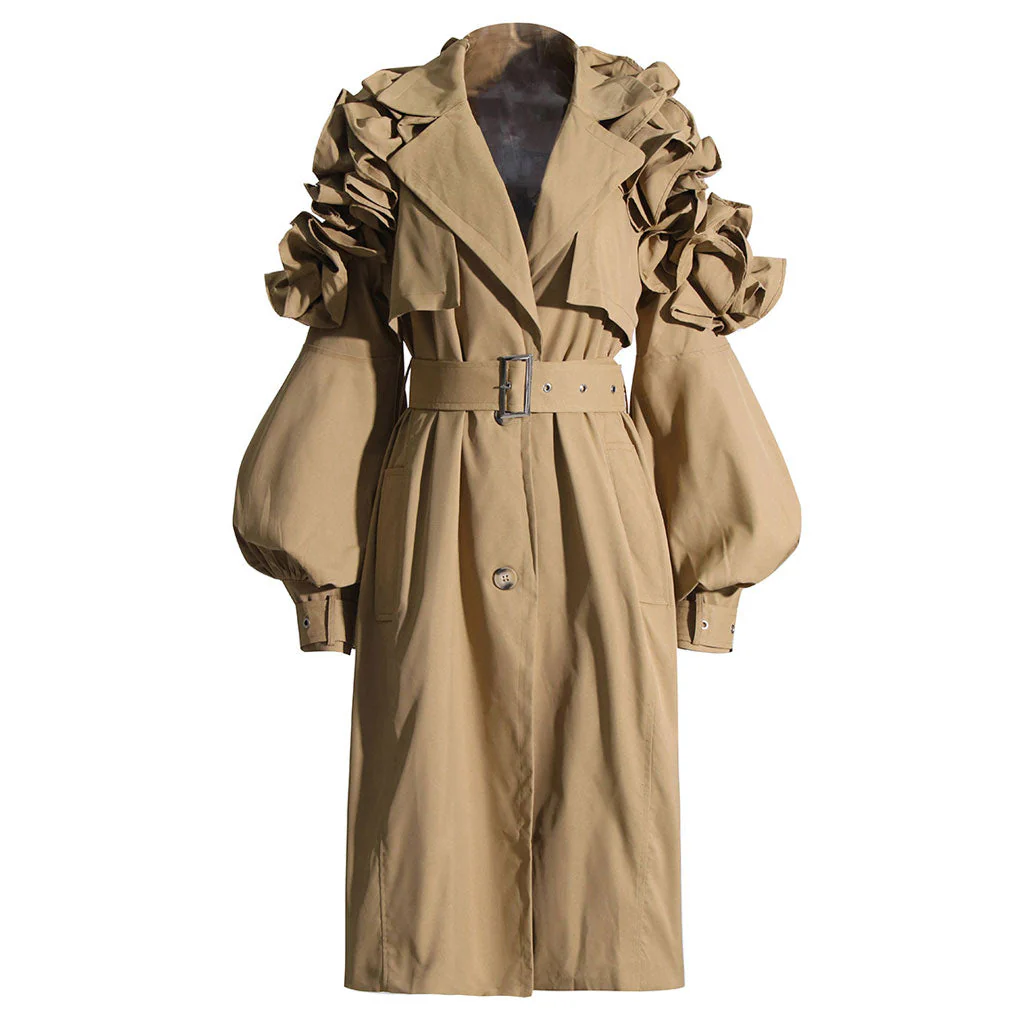 Dramatic Ruffle Shoulder Puff Sleeve Button Down Belted Trench Coat - Khaki - Image 4