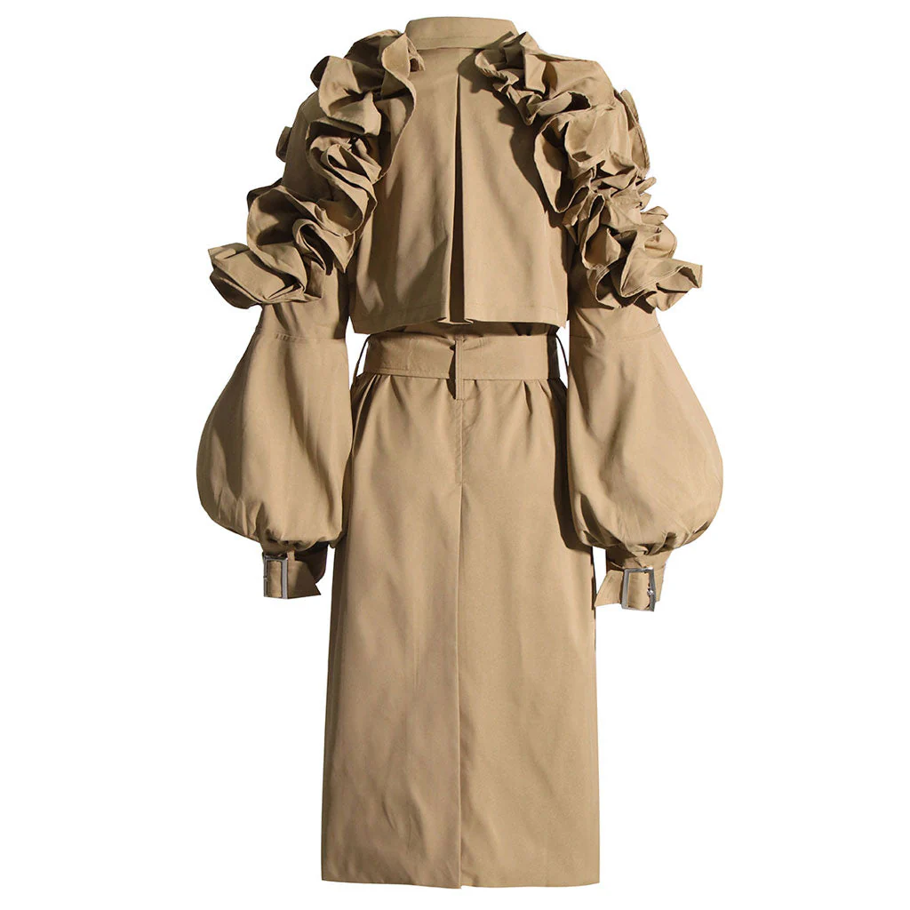 Dramatic Ruffle Shoulder Puff Sleeve Button Down Belted Trench Coat - Khaki - Image 5