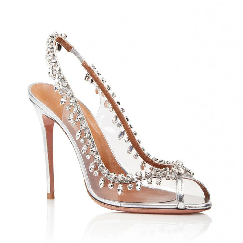 Draping Crystal Detail Peep Toe Clear Stiletto SlingBack Heels - Silver - Image 3