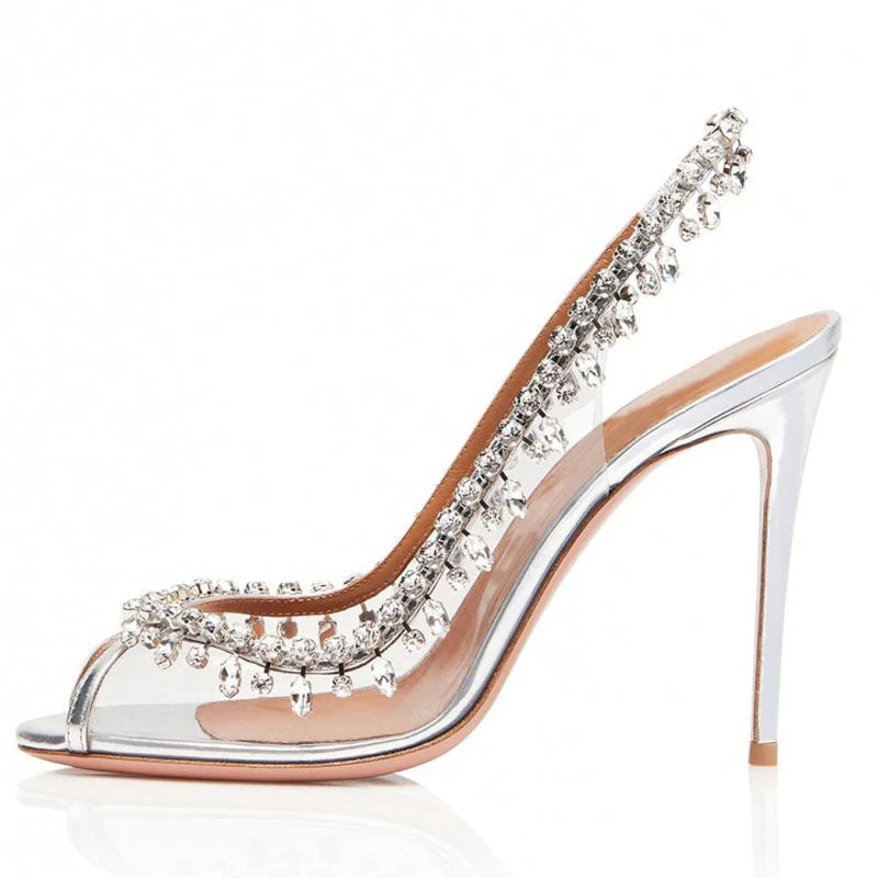 Draping Crystal Detail Peep Toe Clear Stiletto SlingBack Heels - Silver - Image 4