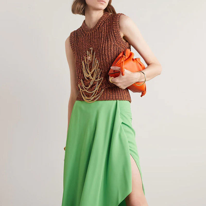 Draping Metallic Chain Distressed Front Marled Brioche Rib Knit Vest - Brown - Image 3