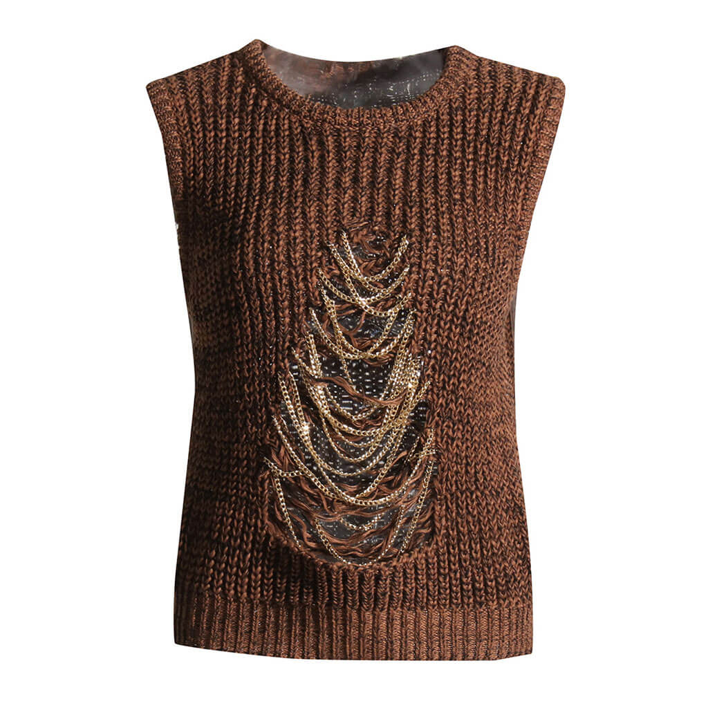Draping Metallic Chain Distressed Front Marled Brioche Rib Knit Vest - Brown - Image 4
