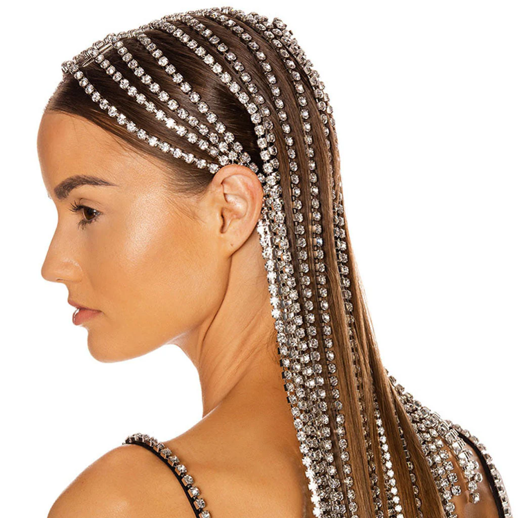 Draping Rhinestone Embellished Loose Fringe Headband - Silver - Image 2