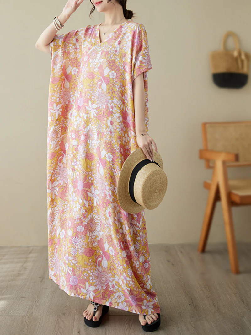 Dream Girl Cotton V-neck Floral Kaftan Dress - Image 3