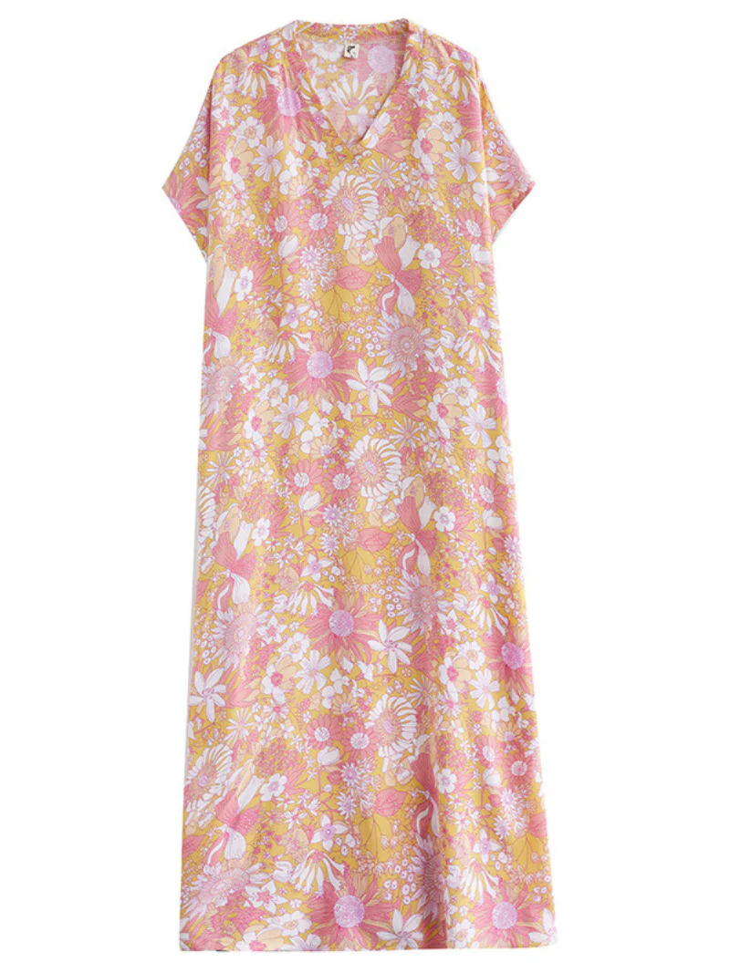 Dream Girl Cotton V-neck Floral Kaftan Dress - Image 4