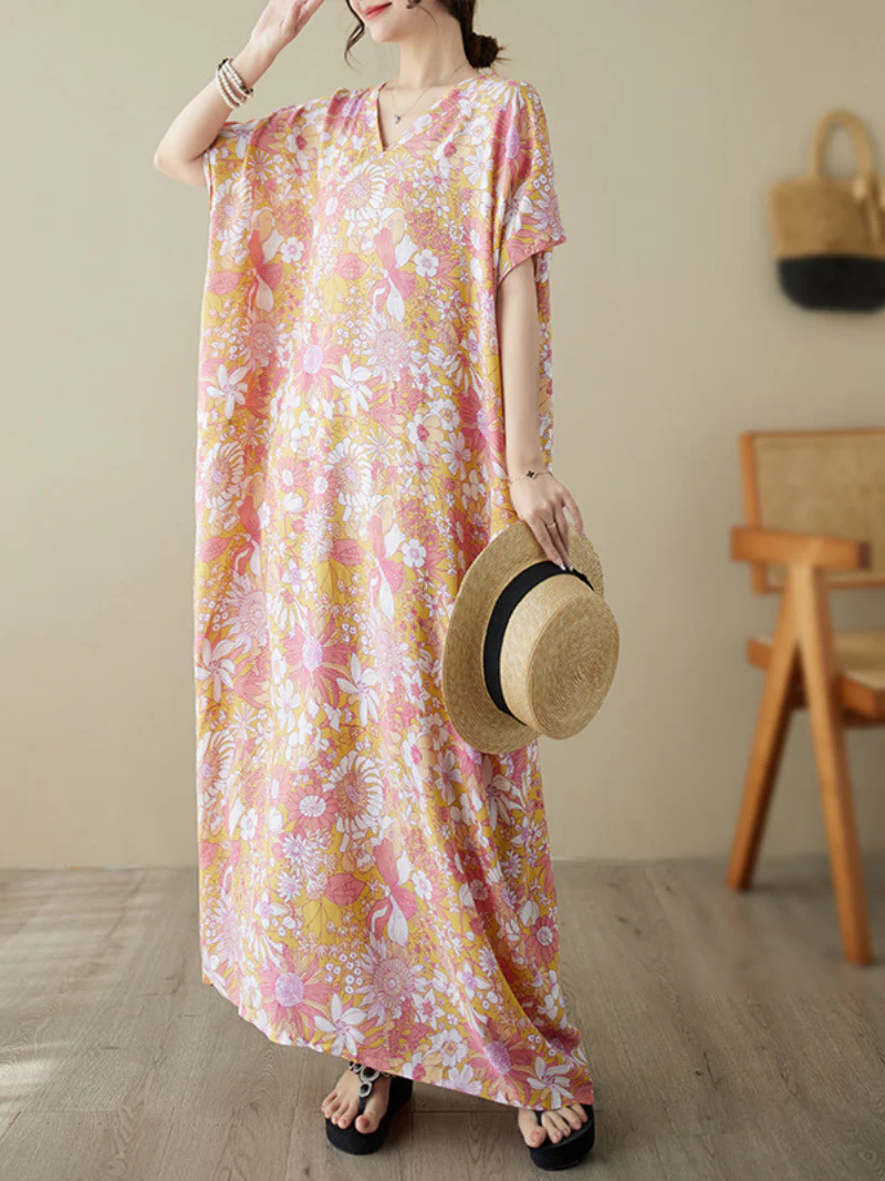 Dream Girl Cotton V-neck Floral Kaftan Dress - Image 5