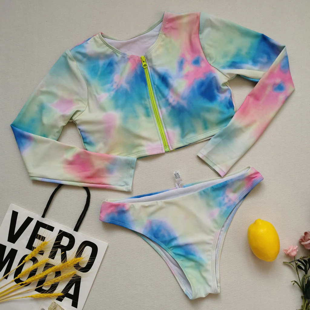 Dreamy Tie Dye Long Sleeve Crop Rash Guard Bikini Set - Multicolor - Image 3