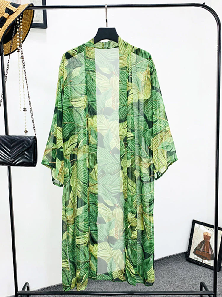 Picnic Partywear Leaf Print Green Color Polyester Long Length Gown Kimono Duster Robe - Image 2