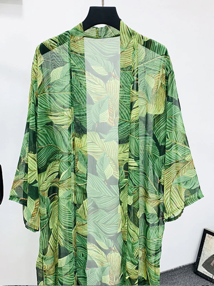 Picnic Partywear Leaf Print Green Color Polyester Long Length Gown Kimono Duster Robe - Image 3