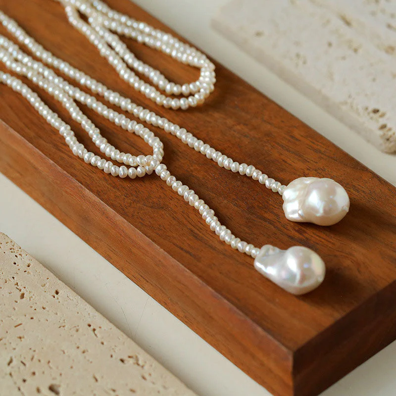 Easy To Match Baroque Double Pendant Freshwater Pearl Opera NeckLace - Image 5