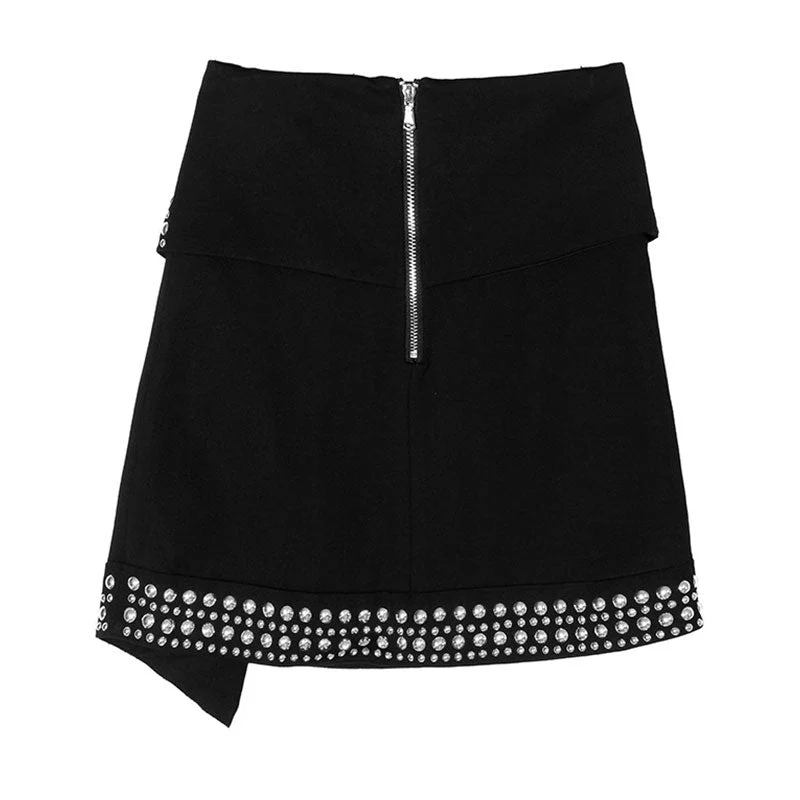 Eccentric Contrast Studded Edge Fold Over High Waist Split A Line Mini Skirt - Image 2