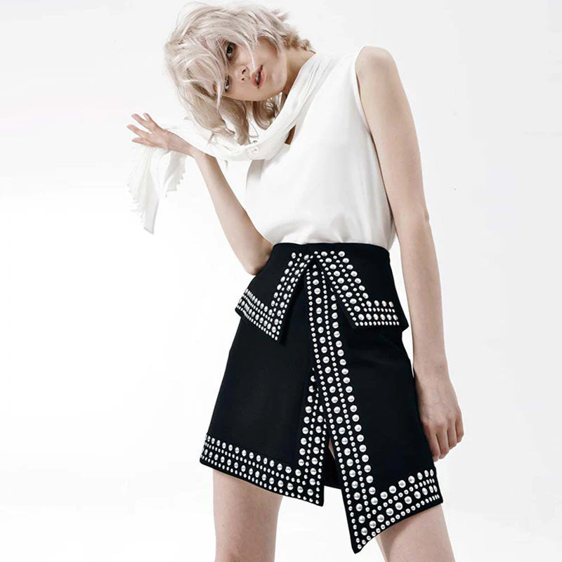 Eccentric Contrast Studded Edge Fold Over High Waist Split A Line Mini Skirt - Image 5