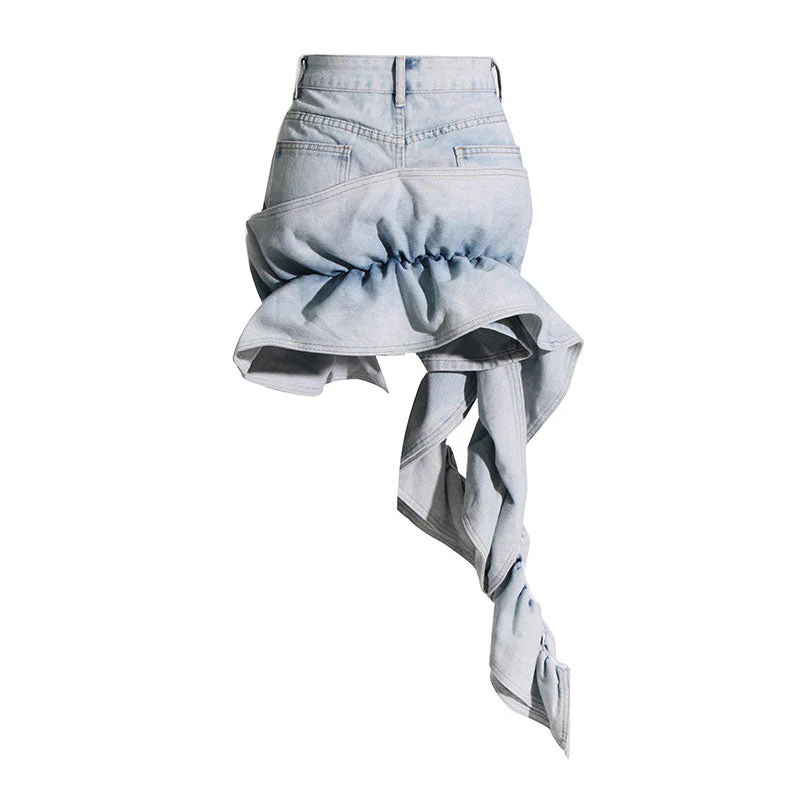 Eclectic High Waist Asymmetric Ruffle Detail Acid Wash Denim Mini Skirt - Image 2