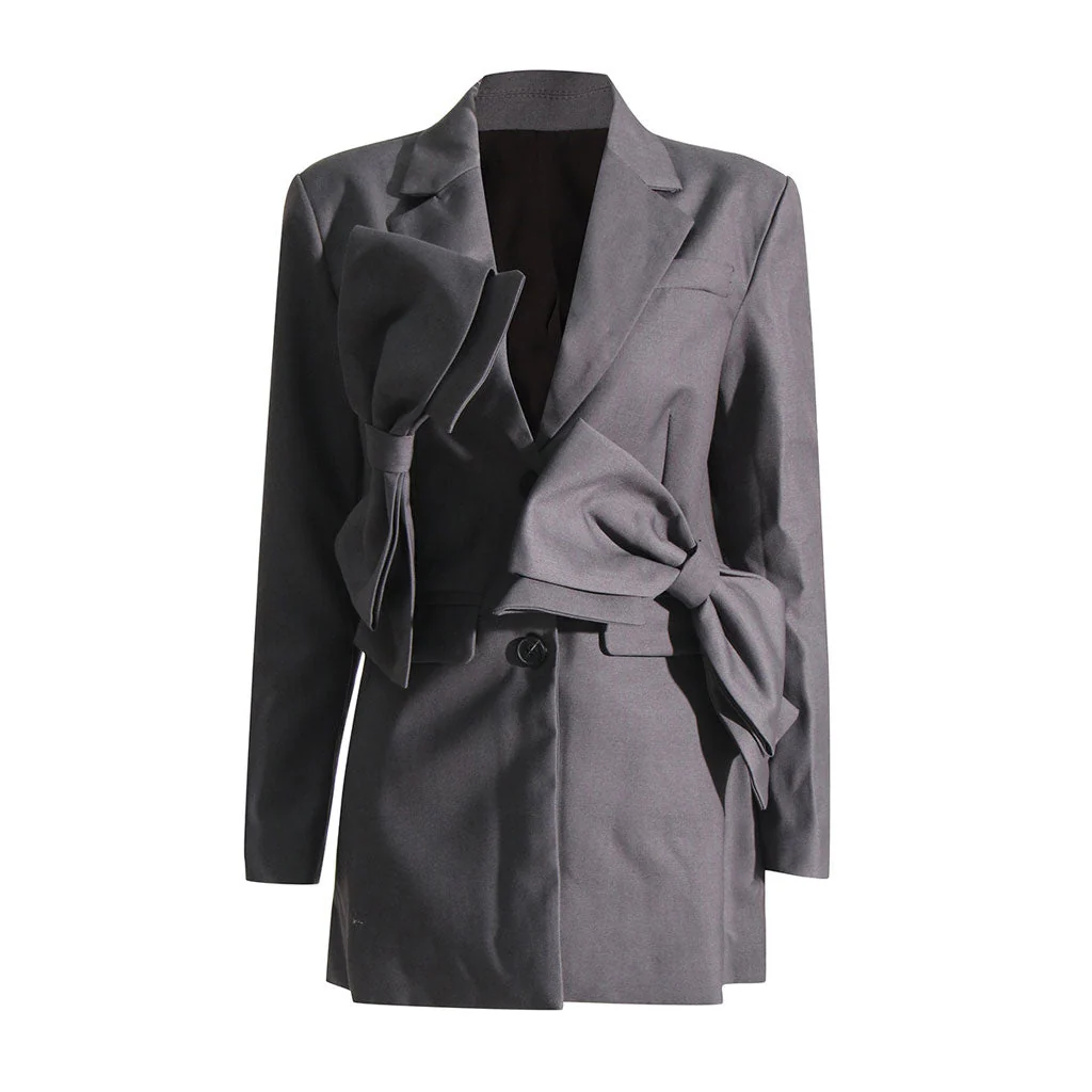Edge Big Bow Detail Lapel Collar Shoulder Pad Long Sleeve Single Breasted Blazer - Image 2