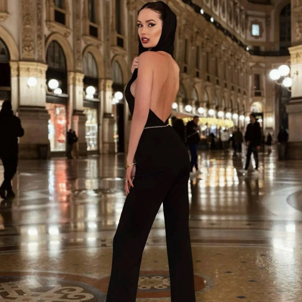 Edge Crossed Front Backless High Waist Side Pocket Flare Sleeveless Hooded Jumpsuit - Image 2