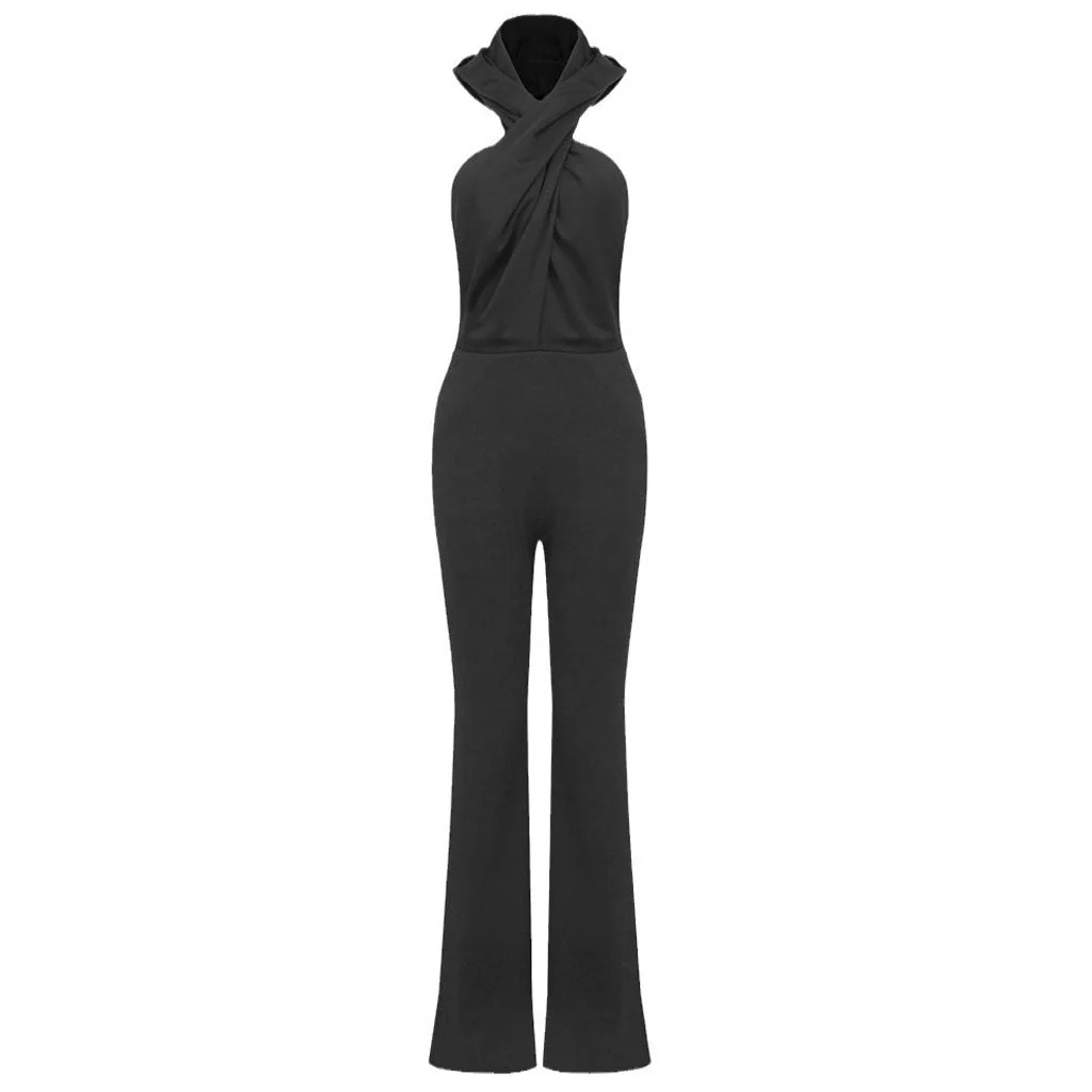 Edge Crossed Front Backless High Waist Side Pocket Flare Sleeveless Hooded Jumpsuit - Image 5