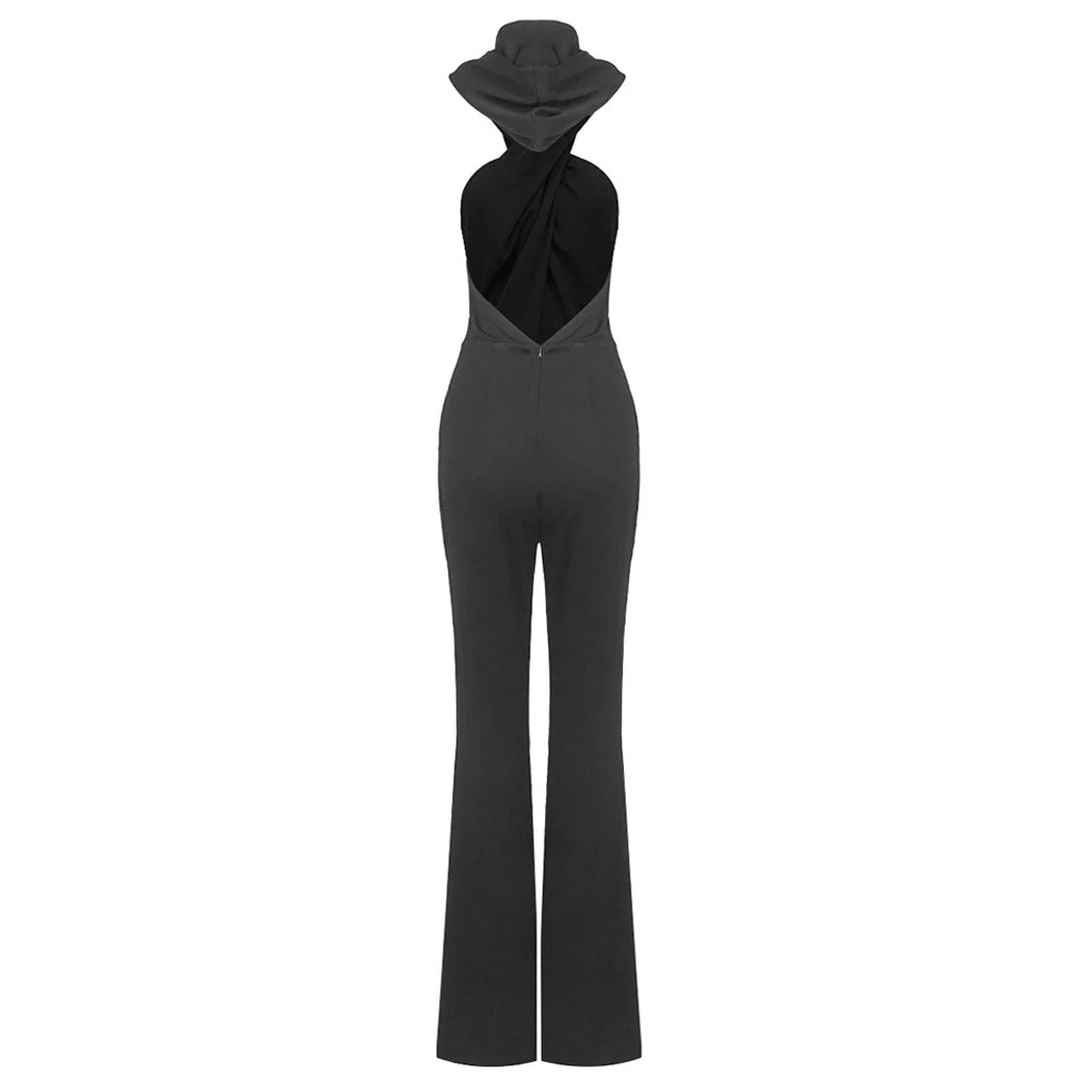 Edge Crossed Front Backless High Waist Side Pocket Flare Sleeveless Hooded Jumpsuit - Image 6
