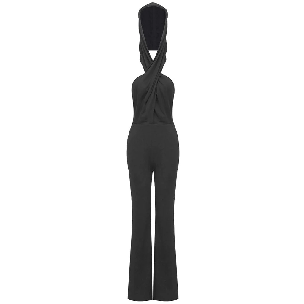Edge Crossed Front Backless High Waist Side Pocket Flare Sleeveless Hooded Jumpsuit - Image 7