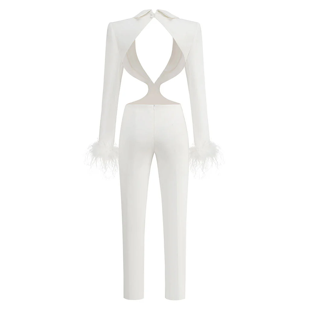 Edge Lapel Collar CutOut Feather Trim Long Sleeve Padded Backless Blazer Jumpsuit - Image 2