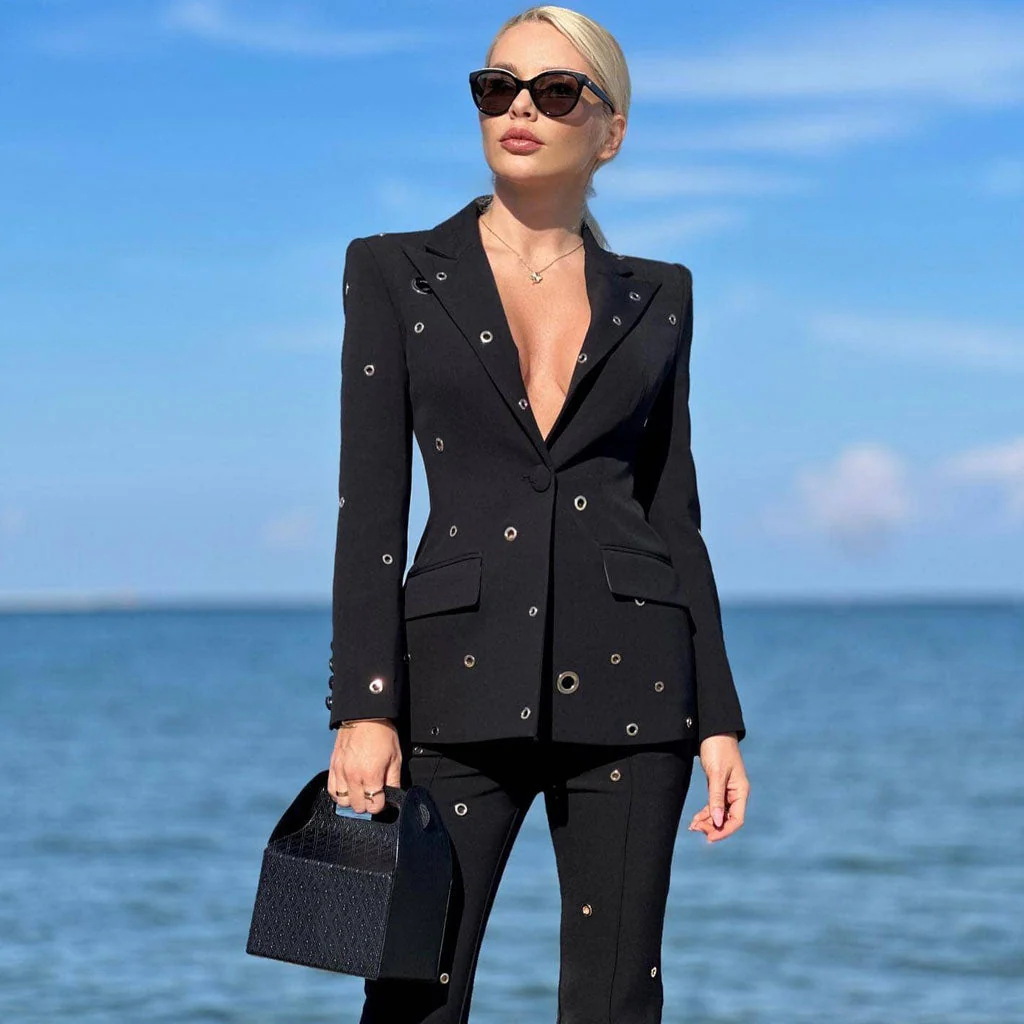 Edge Metallic Detail Peak Lapel Single Breasted Bootcut Blazer Matching Set - Image 2