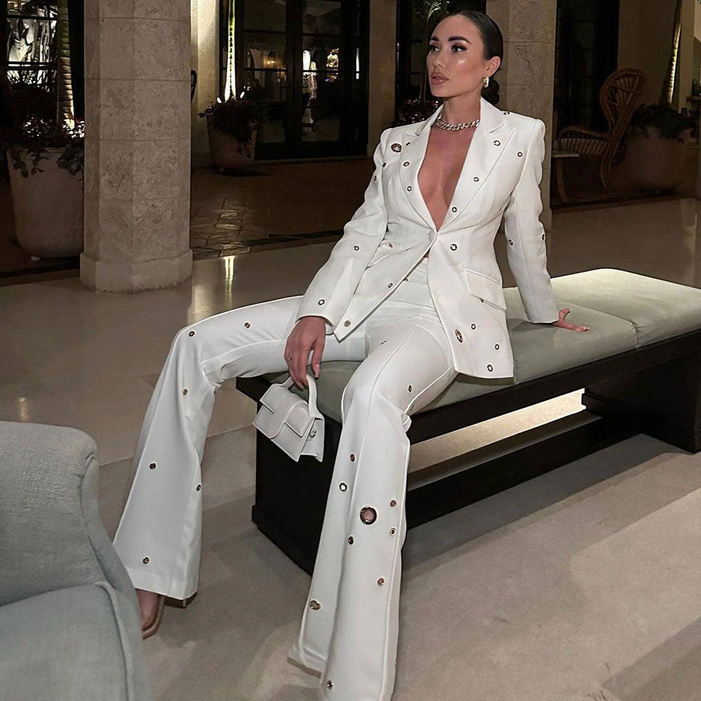 Edge Metallic Detail Peak Lapel Single Breasted Bootcut Blazer Matching Set - Image 6