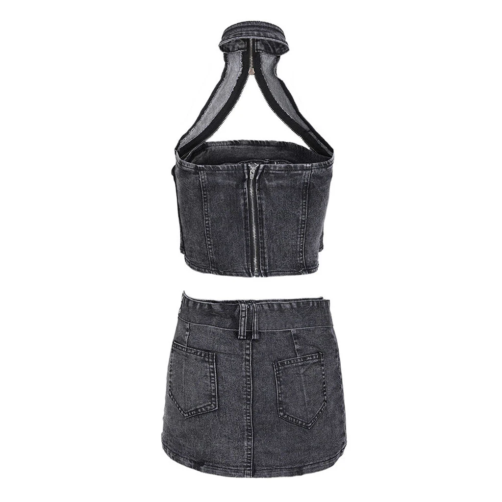 Edge Zipper CutOut Halter Denim Crop Top and Belted Mini Denim Skirt Matching Set - Image 2