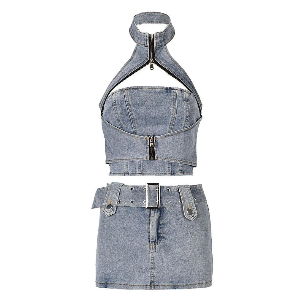 Edge Zipper CutOut Halter Denim Crop Top and Belted Mini Denim Skirt Matching Set - Image 3
