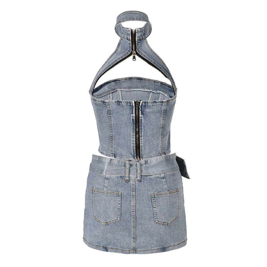 Edge Zipper CutOut Halter Denim Crop Top and Belted Mini Denim Skirt Matching Set - Image 4