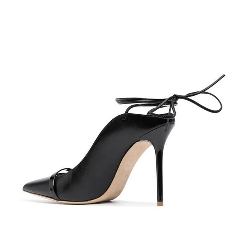 Edgy Backless Ankle Tie Faux Leather Pointed Toe Stiletto Pumps - Black - Image 3