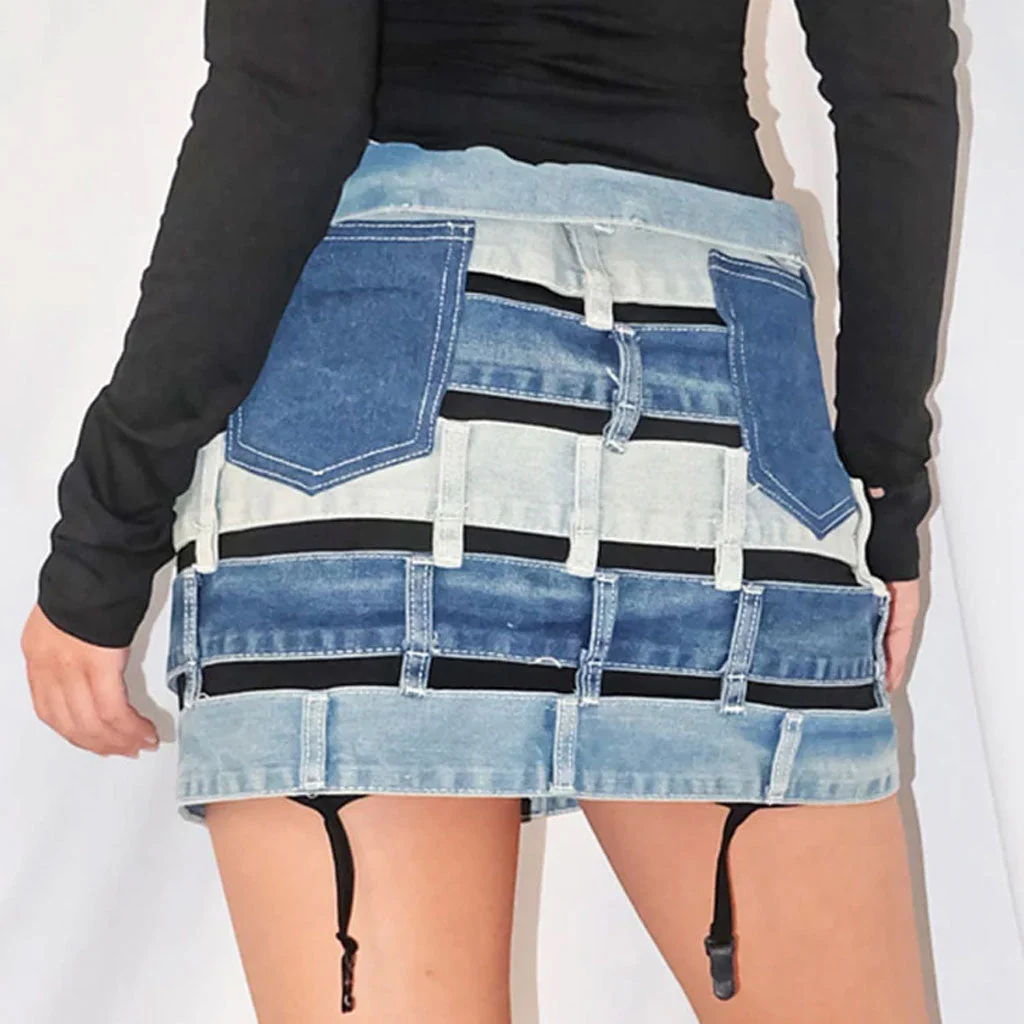 Edgy Button Down Mid Rise Strappy Belt Denim Mini Skirt - Blue - Image 3