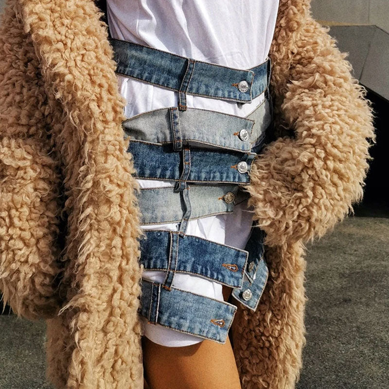 Edgy Button Down Mid Rise Strappy Belt Denim Mini Skirt - Blue - Image 4