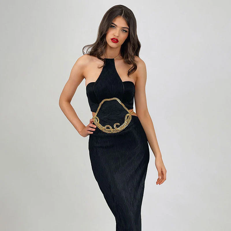 Edgy Chain Linked Halter Backless Cut Out Slit Textured Bandage Maxi Evening Dress - Image 2