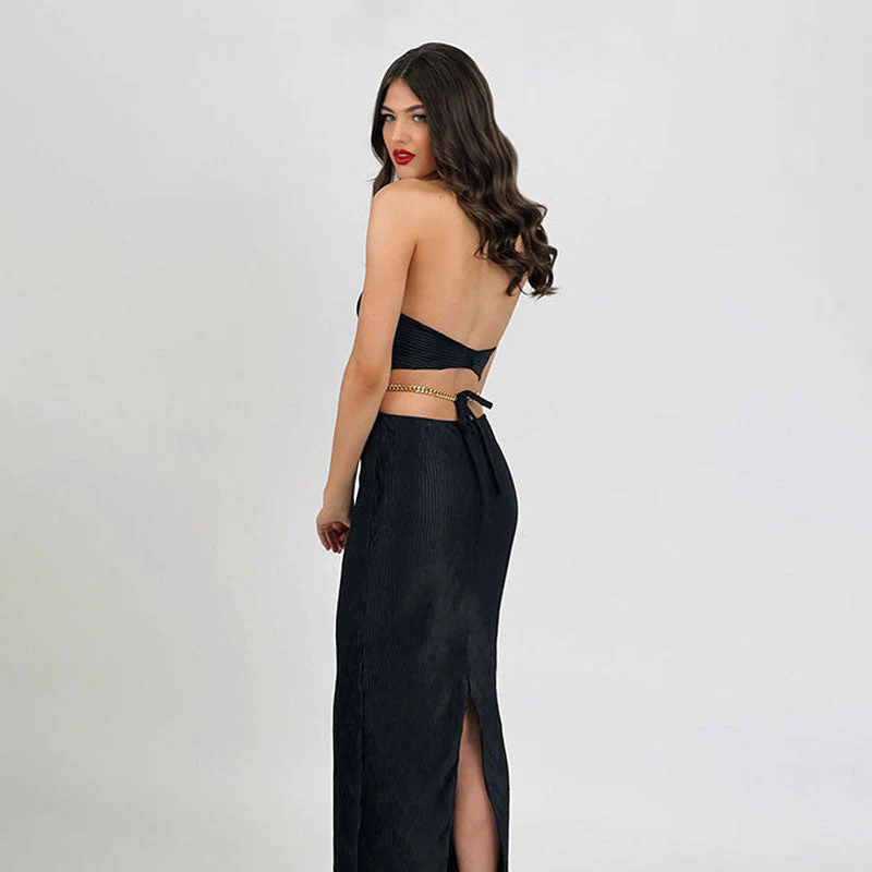 Edgy Chain Linked Halter Backless Cut Out Slit Textured Bandage Maxi Evening Dress - Image 4