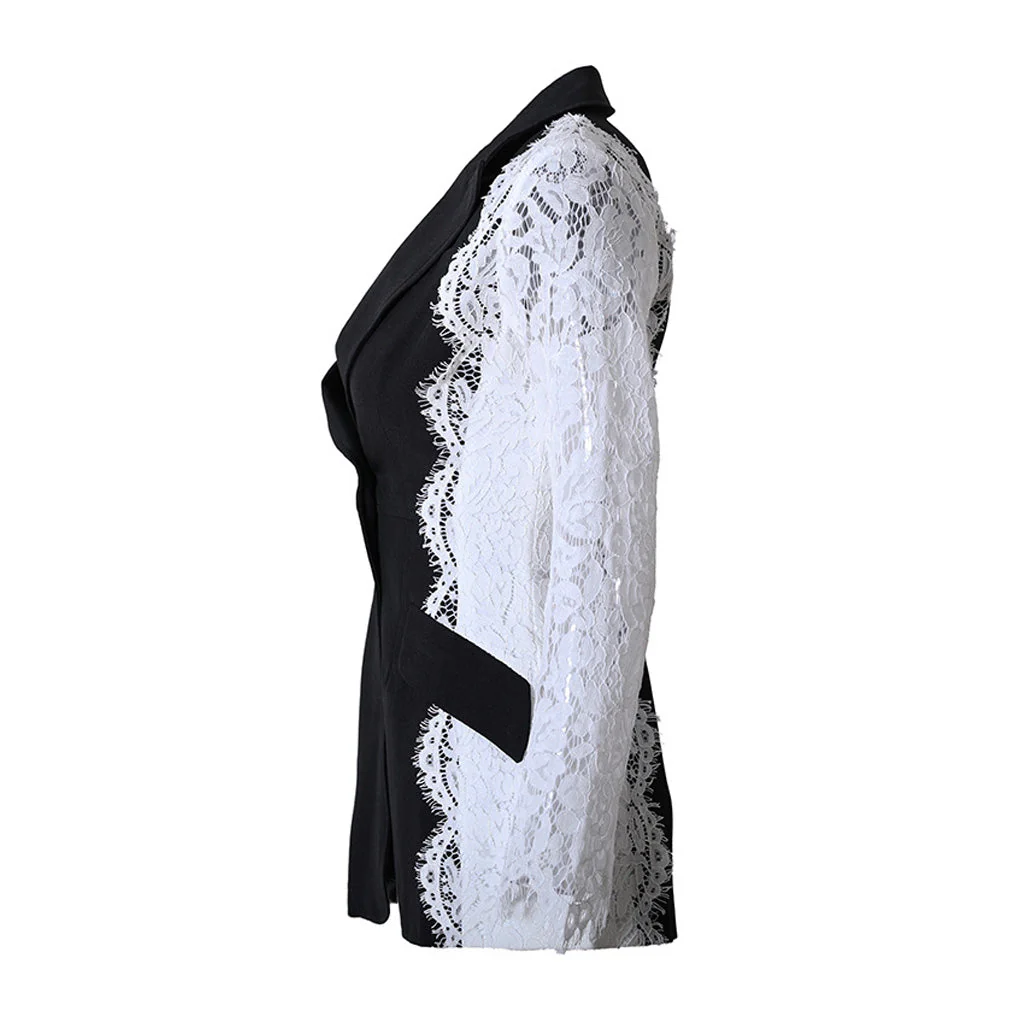 Edgy Contrast Lace Sleeve Lapel Collar Single Breasted Tailored Blazer - Image 2