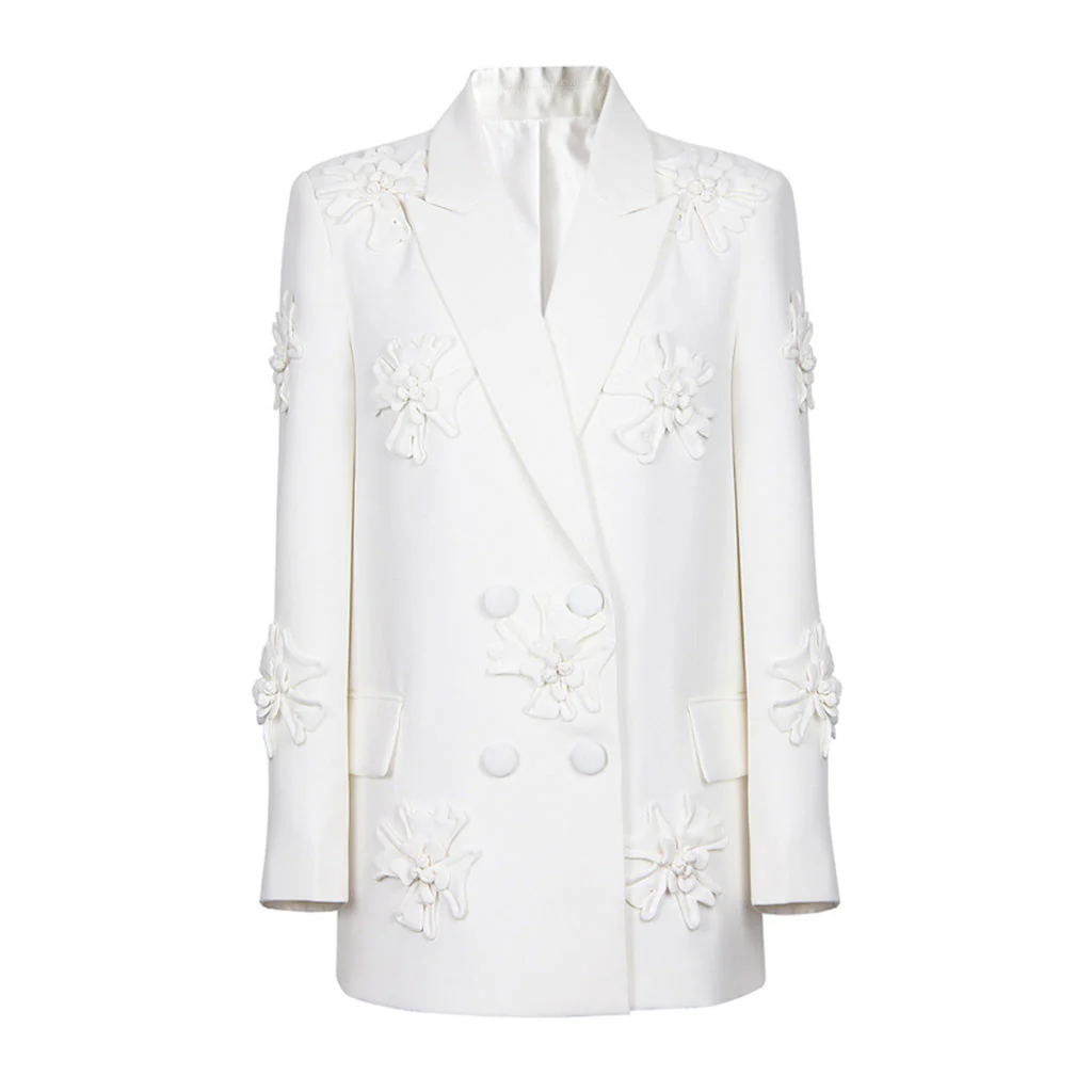 Edgy Floral Embroidered Peak Lapel Double Breasted Blazer - Image 3