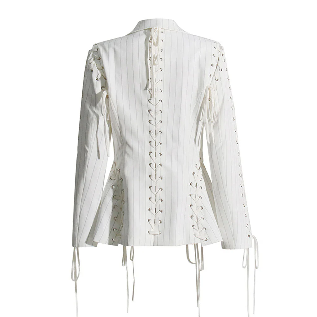 Edgy Lace Up Striped Print Lapel Collar Single Breasted Tailored Blazer - Image 3