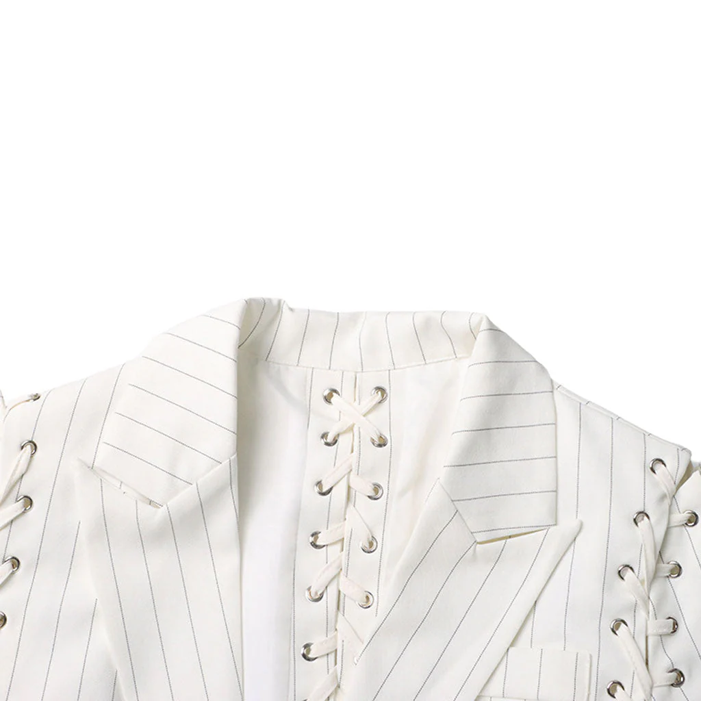 Edgy Lace Up Striped Print Lapel Collar Single Breasted Tailored Blazer - Image 4