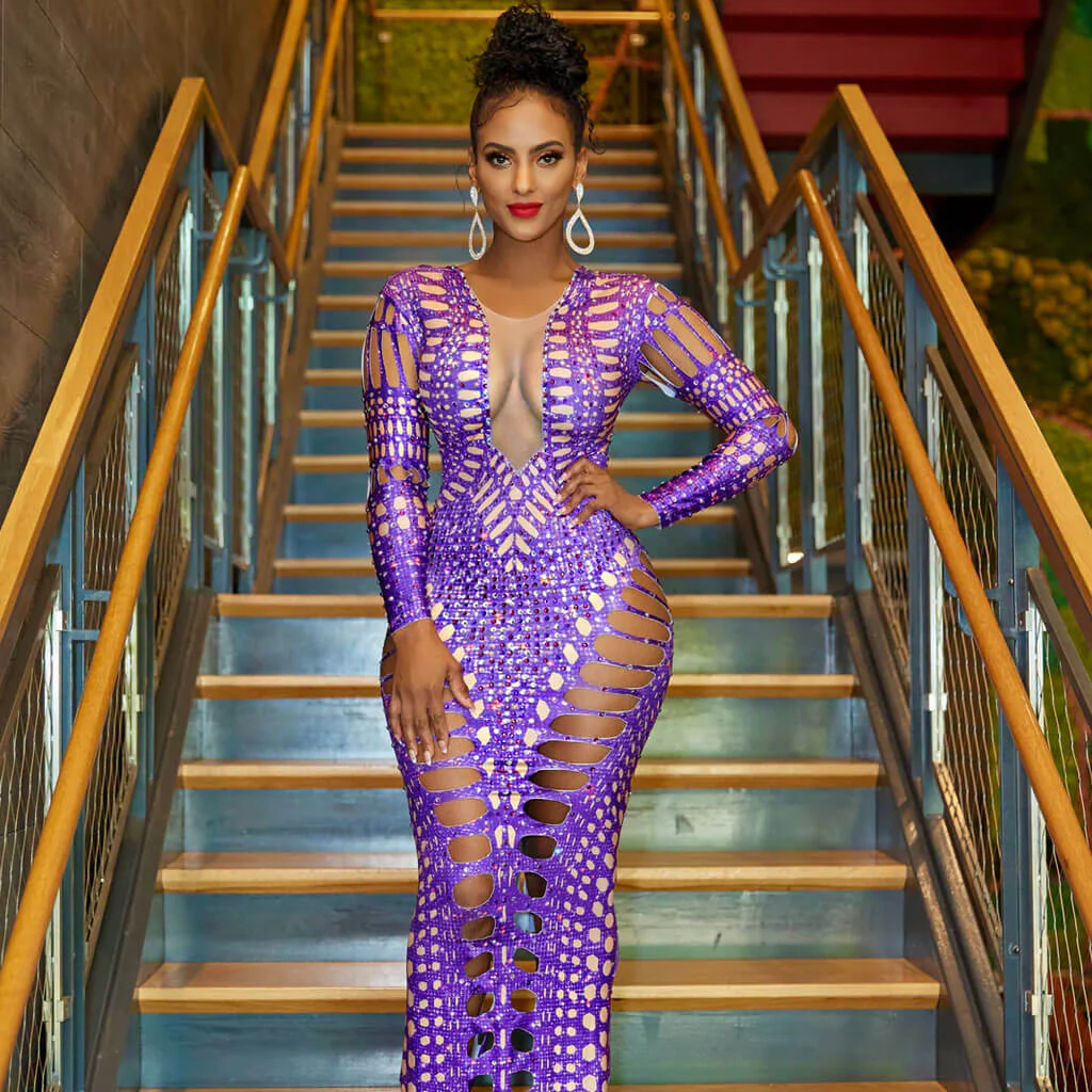 Edgy Lacer CutOut Sequin Embellished Deep V Neck Back Slit Maxi Evening Dress - Image 3
