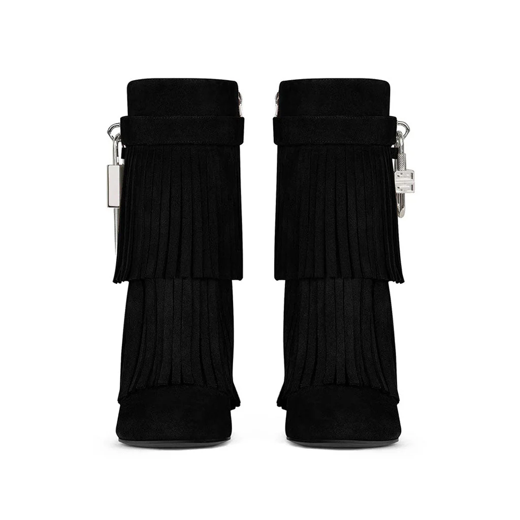 Edgy Metal Lock Layer Fringe Suede Wedge Heel Ankle Boots - Black - Image 2