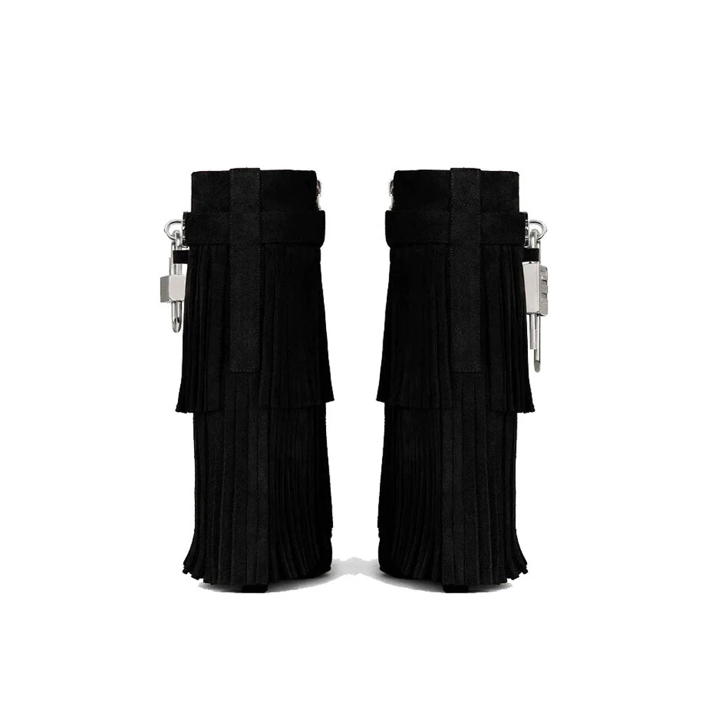 Edgy Metal Lock Layer Fringe Suede Wedge Heel Ankle Boots - Black - Image 3