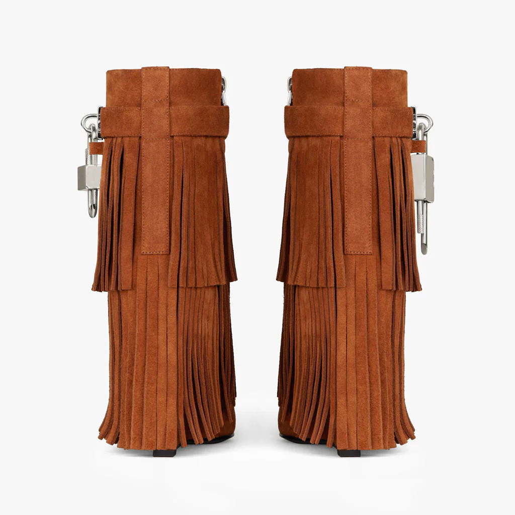Edgy Metal Lock Layer Fringe Suede Wedge Heel Ankle Boots - Brown - Image 3
