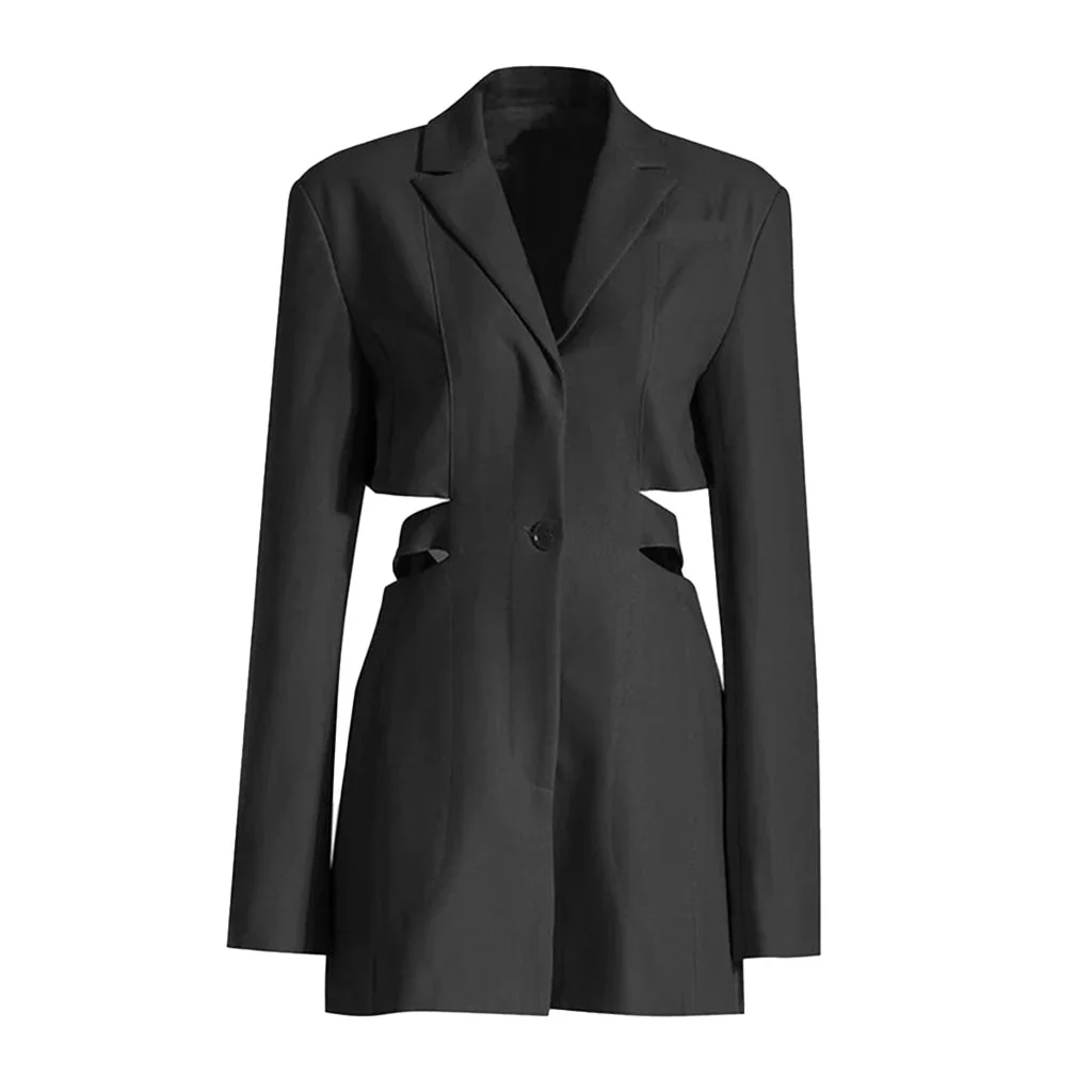 Edgy Notch Lapel Belted Shoulder Pad CutOut Single Breasted Long Tailored Blazer - Image 2