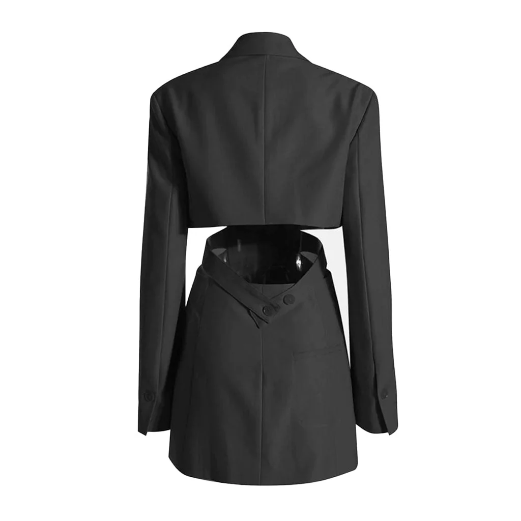 Edgy Notch Lapel Belted Shoulder Pad CutOut Single Breasted Long Tailored Blazer - Image 3