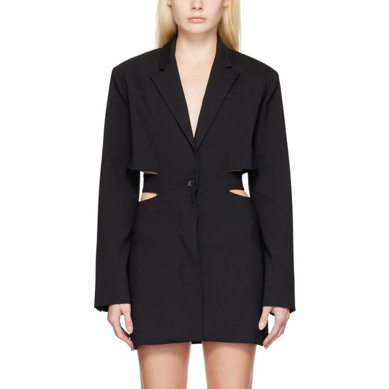 Edgy Notch Lapel Belted Shoulder Pad CutOut Single Breasted Long Tailored Blazer - Image 6