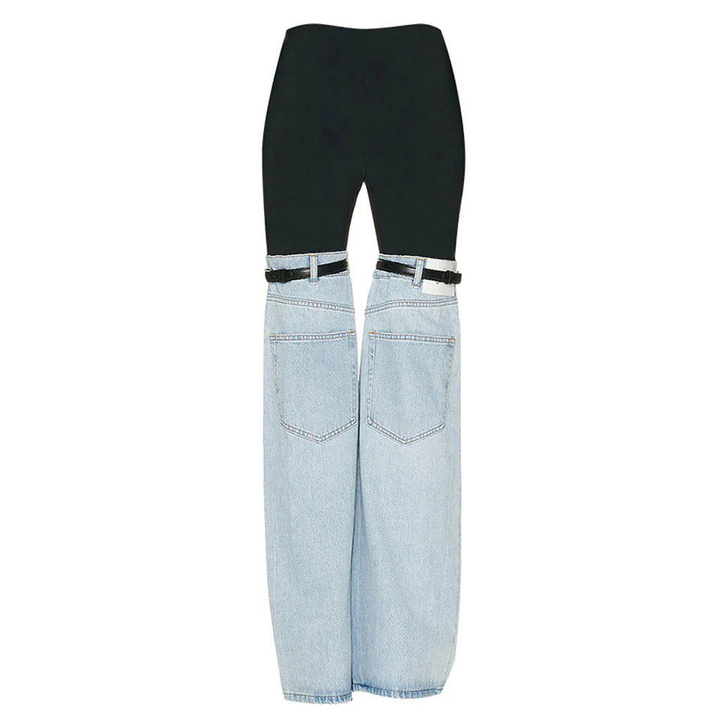Edgy Stretched Panel Mid Waist Belted Hybrid Flared Jeans - Image 2
