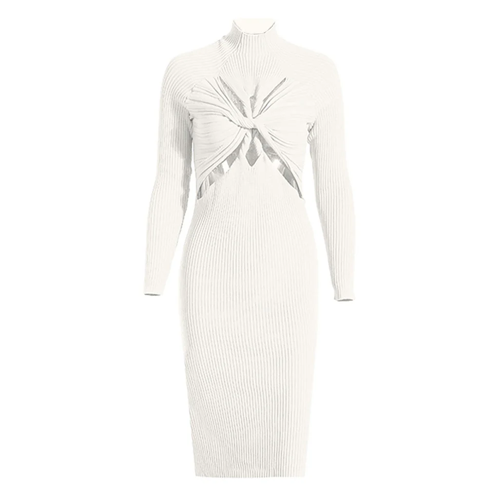 Edgy Twist Front CutOut High Neck Long Sleeve Rib Knit Midi Dress - Black - Image 2