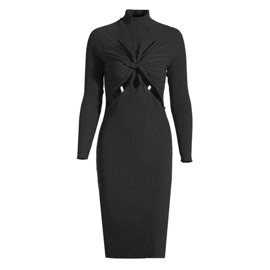 Edgy Twist Front CutOut High Neck Long Sleeve Rib Knit Midi Dress - Black - Image 3